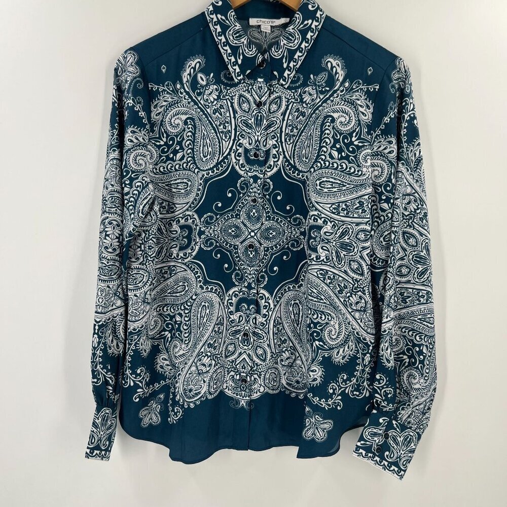 Chico's Size 1‎ (M/8) Blue Button Down Shirt Long Sleeve Satin Blouse Classic